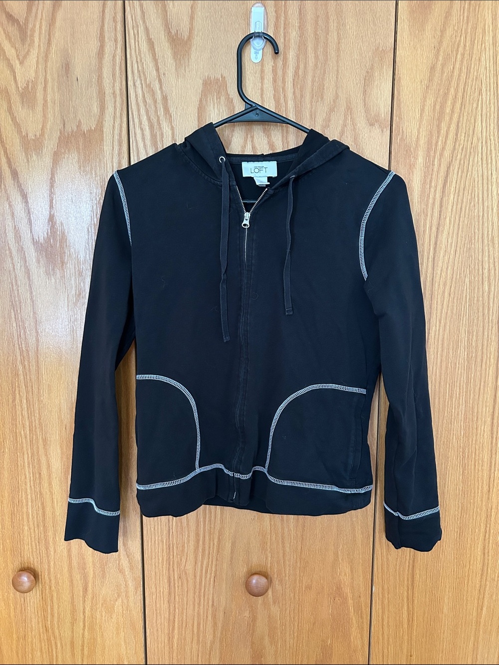 LOFT Black Hooded Zip Jacket with Contrast Stitching M